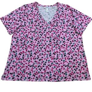 Addition Elle Pink Floral V-Neck T-Shirt - Size 2X Plus Size